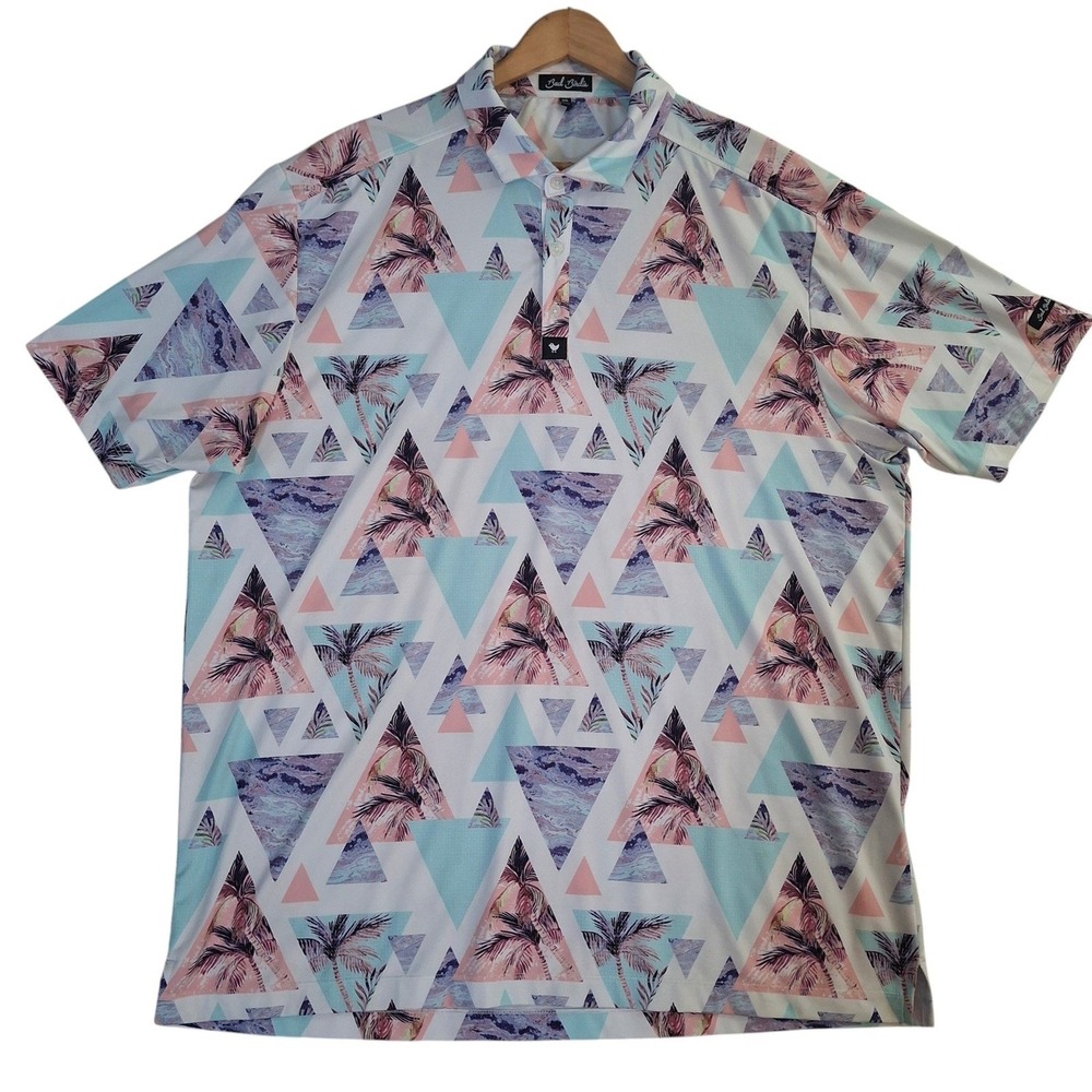 Bad Birdie Mens 2XL Golf Polo Shirt Tropical Geometric Palm Tree Pink Teal Blue